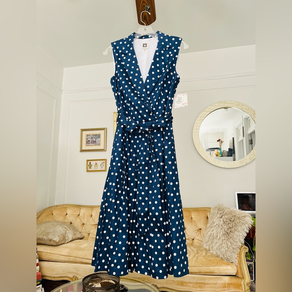 Anne Klein Cotton Dress Navy Blue Polka Dot Belted Fit & Flare Cadet Combo NWT